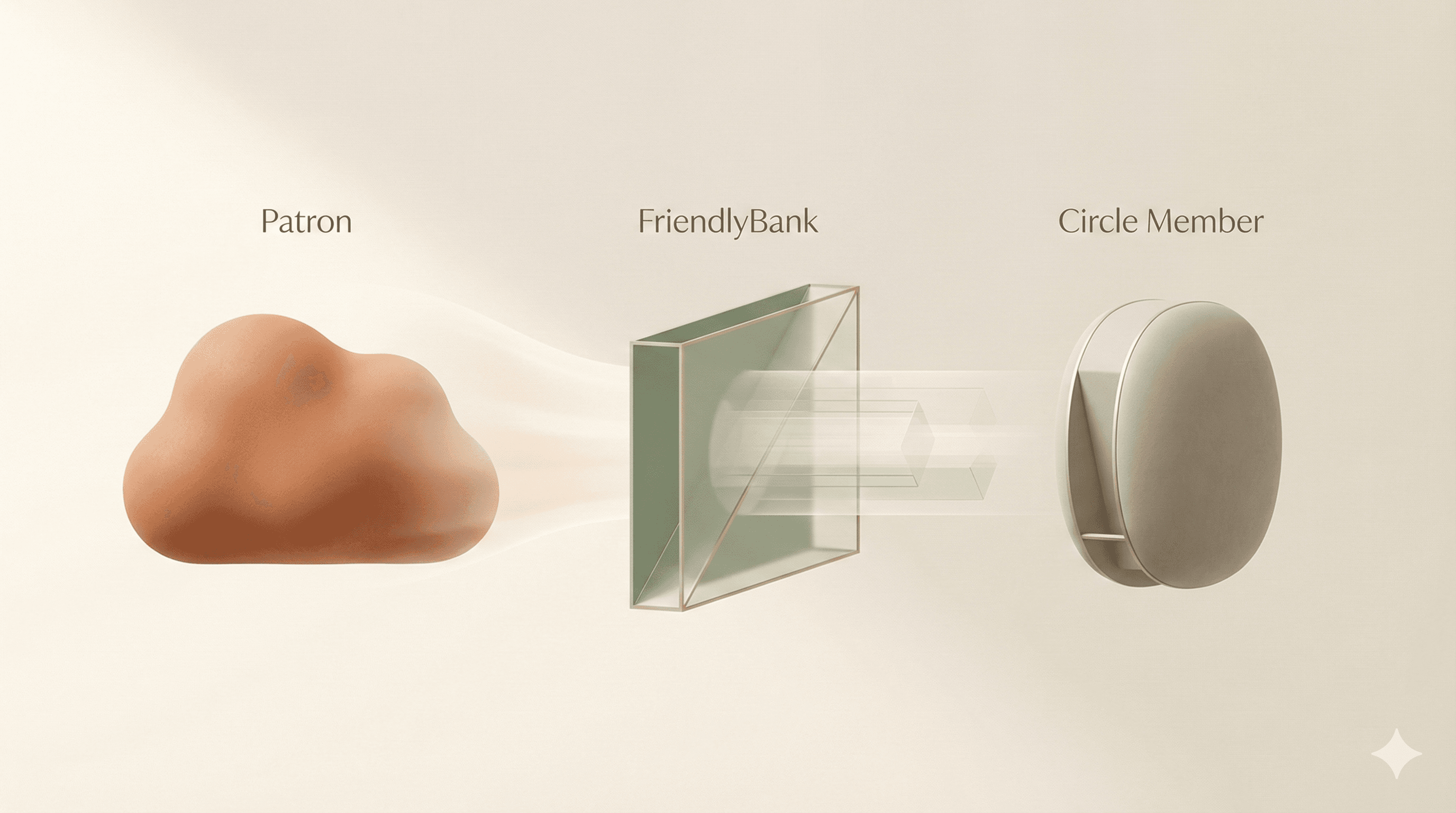 Diagram showing the patron account as lender, FriendlyBank as servicer, and the Circle member account with internal transfers and repayments.